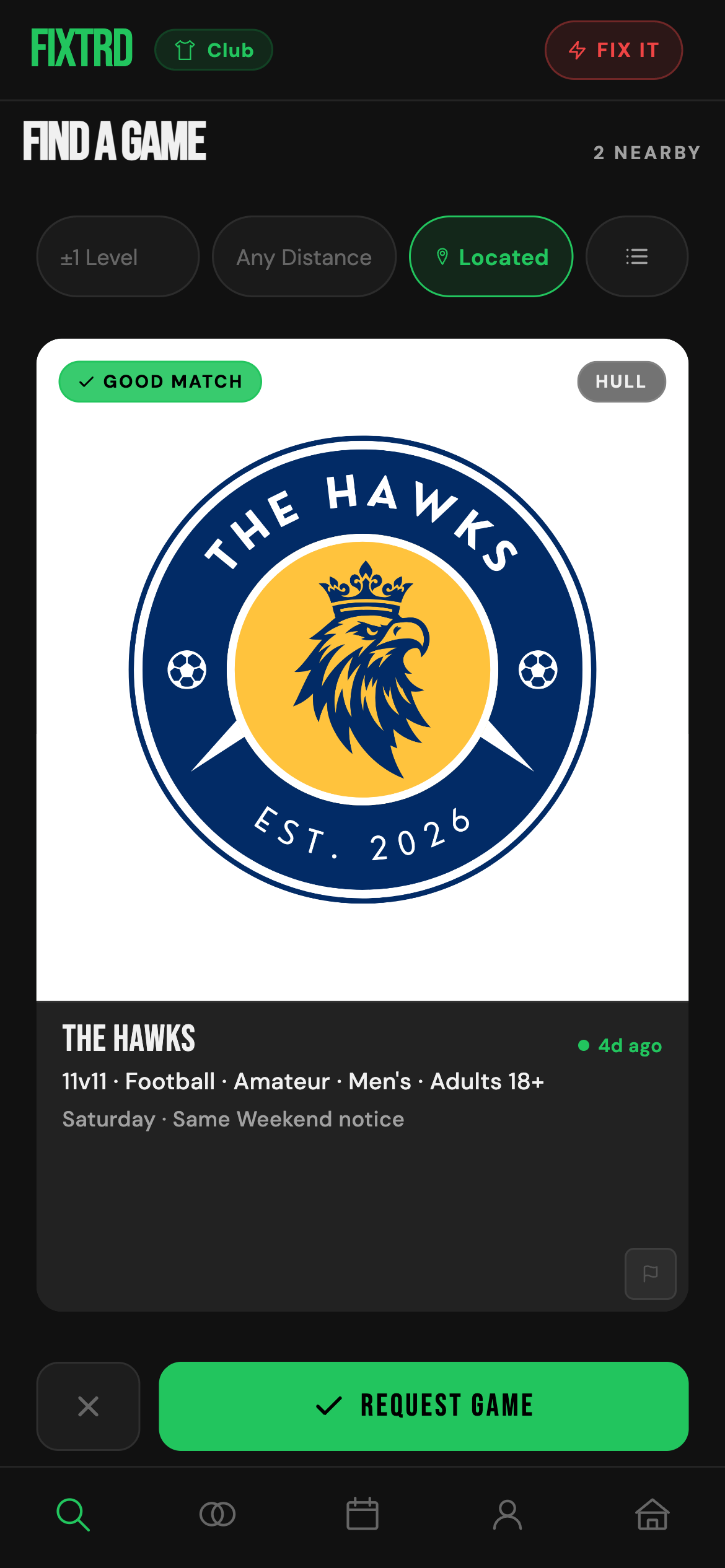 Fixtrd Find screen showing a swipe card for The Hawks — 11v11 Football, Amateur, Hull